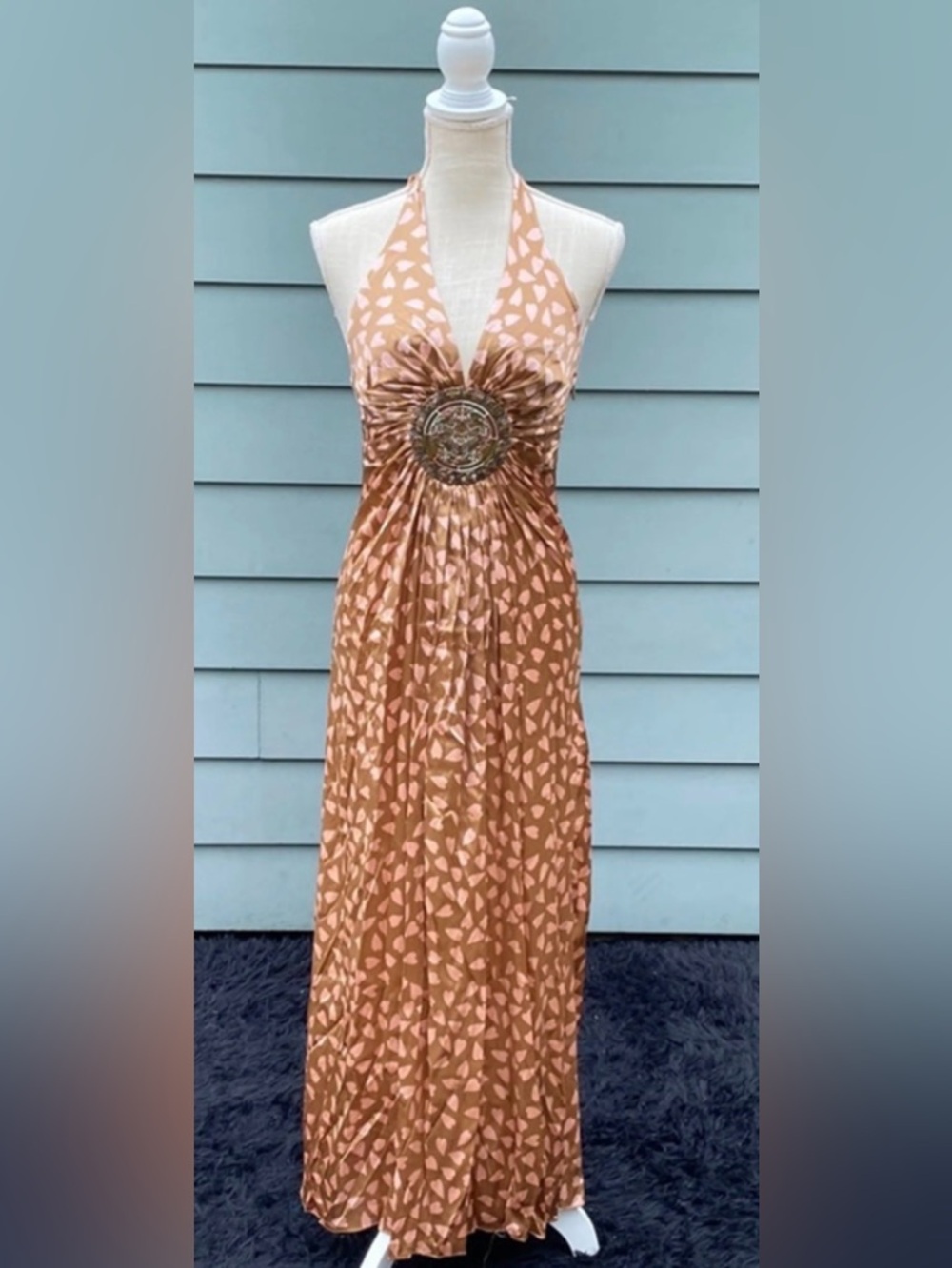 SKY NWT Silk Heart Printed Halter dress w cutout details